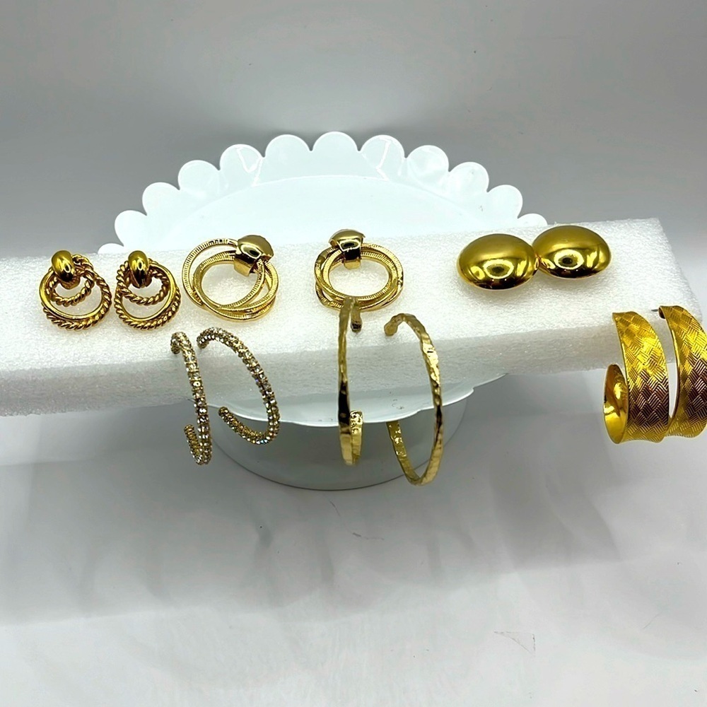 Earring Lot Bundle Gold Tone Hoops Button Pierced Earrings 6 pairs Gold Pierced